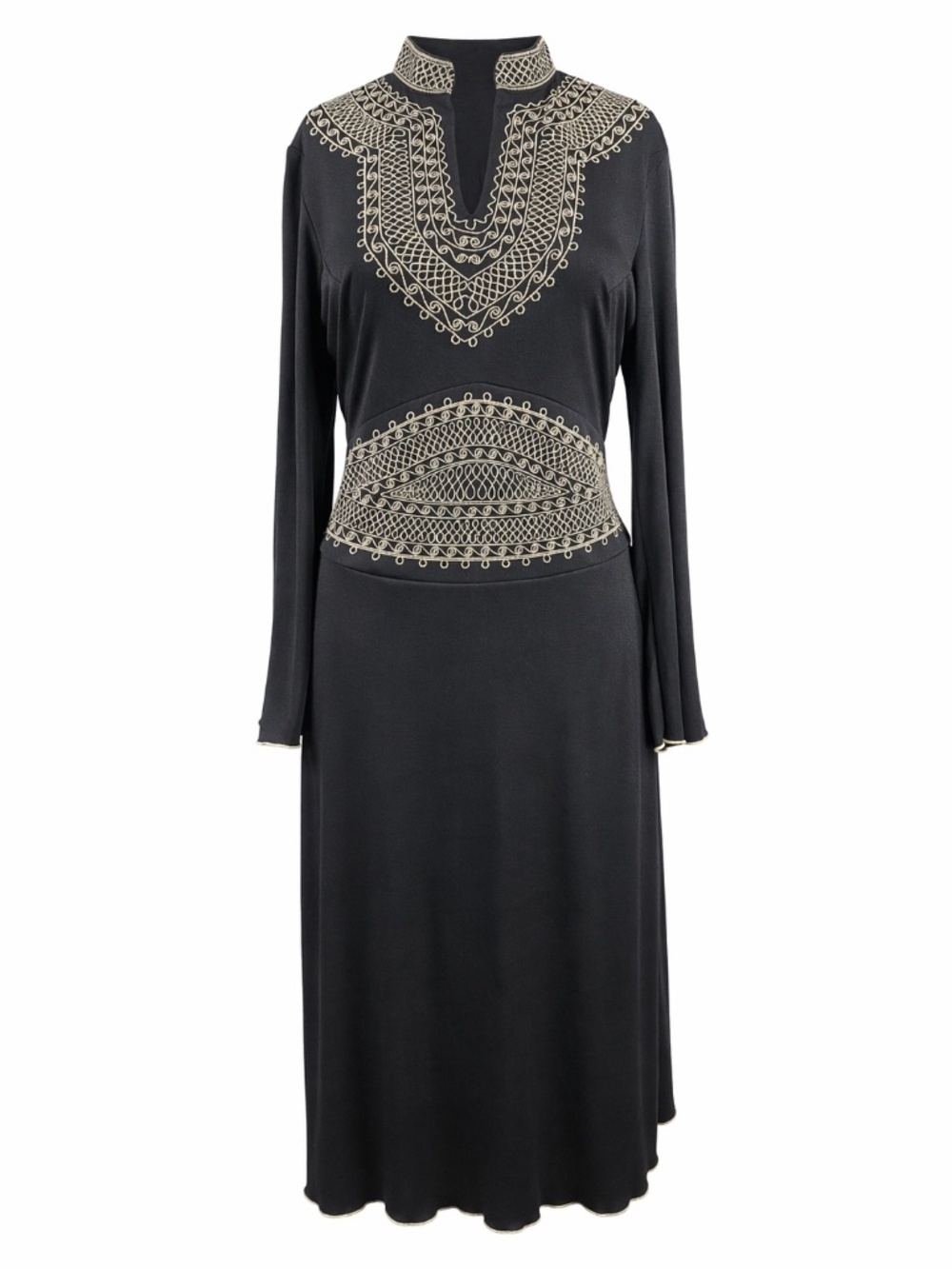 Signature by Sangria Black Embroidered Midi Dress Size 4 Long Sleeve Boho Modest